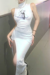 Anime Print Sleeveless Slit Qipao Maxi Dress