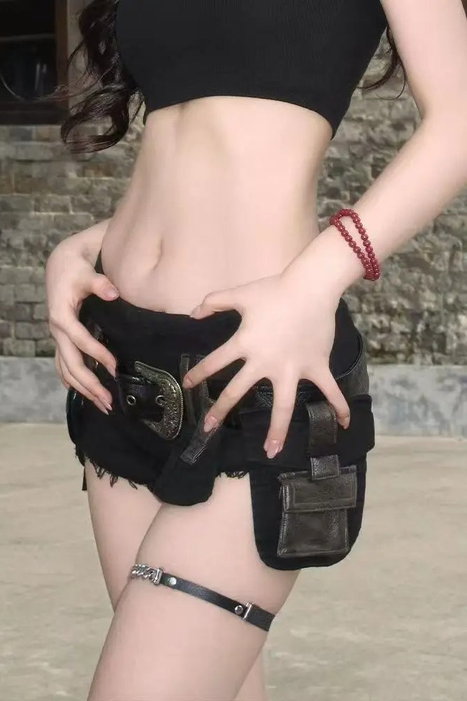 Fashion Y2K Punk Gothic Low Waist Belted Micro Shorts