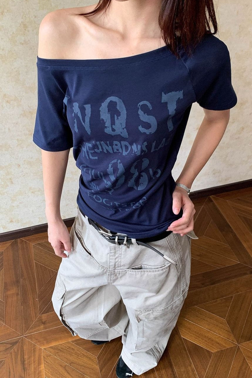 Wide Neck Letter Print T-Shirt
