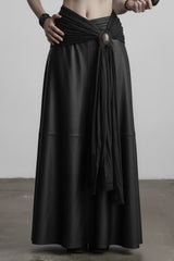 Dark Fashion Asymmetrical Ring-Tie Leather Skirt