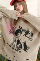 Vintage Distressed Loose-Fit Knit Sweater