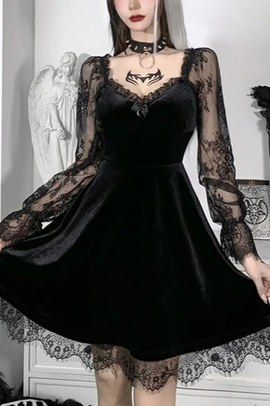 Dark Gothic Solid Color Bandeau Long - sleeved Lace - stitched Mini Dress Main image
