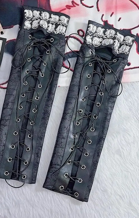Punk Gothic Y2K PU Tie Letter Print Industrial Leg Warmers