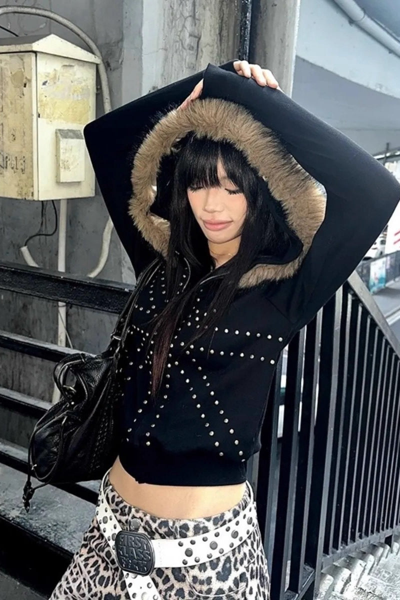 Studded Union Jack Fur Trim Zip Hoodie Main image