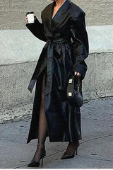 Vintage PU Leather Belted Long Trench Coat
