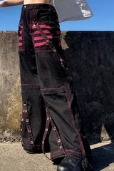 Black Red Contrast Studded Cargo Pants