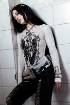 Gothic Print Slim Lace Patchwork Long Sleeve Mesh Top