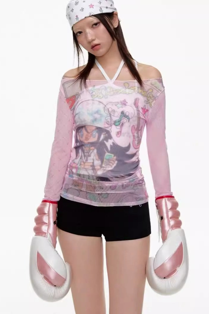 Y2K Spicy Girl Off-Shoulder Print Mesh Top Main image