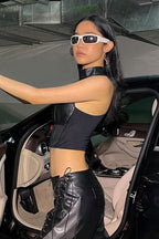Cyber Punk Black PU Metal Buckle Sleeveless Crop Top