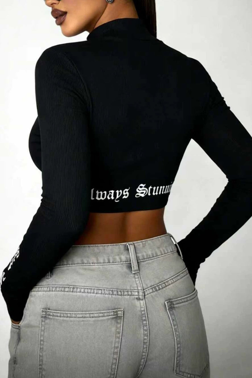Letter Hem Mock Neck Crop Tops