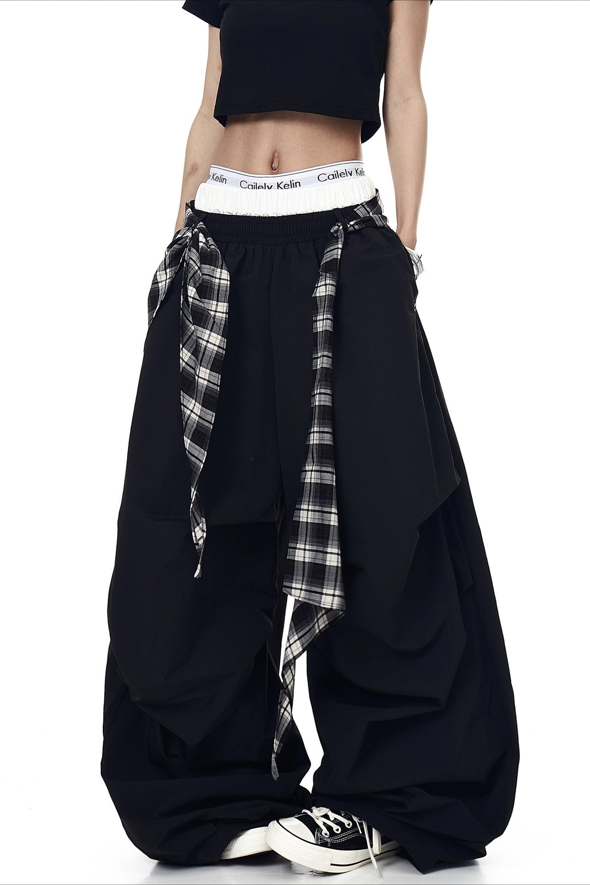 Plaid Accent Layered Wide Pants