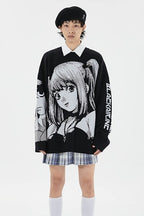 Black Streetwear Relaxed-Fit Knit Sweater