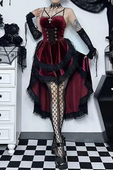 Dark Gothic Lace Strap Swallow Tail Corset Midi Dress