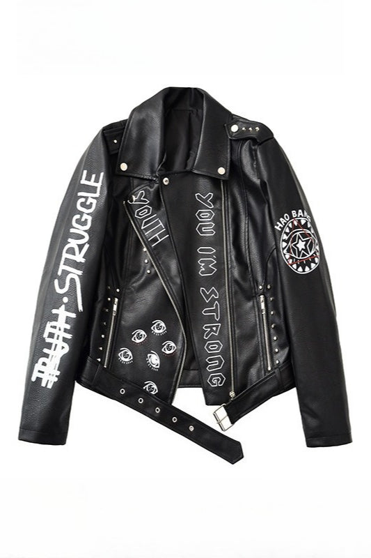 PU Leather Rivet Zip Epaulet Biker Street Jacket Main image