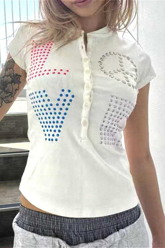 Y2K Letter Rhinestone Rivet Short Sleeve T-shirt Secondary image