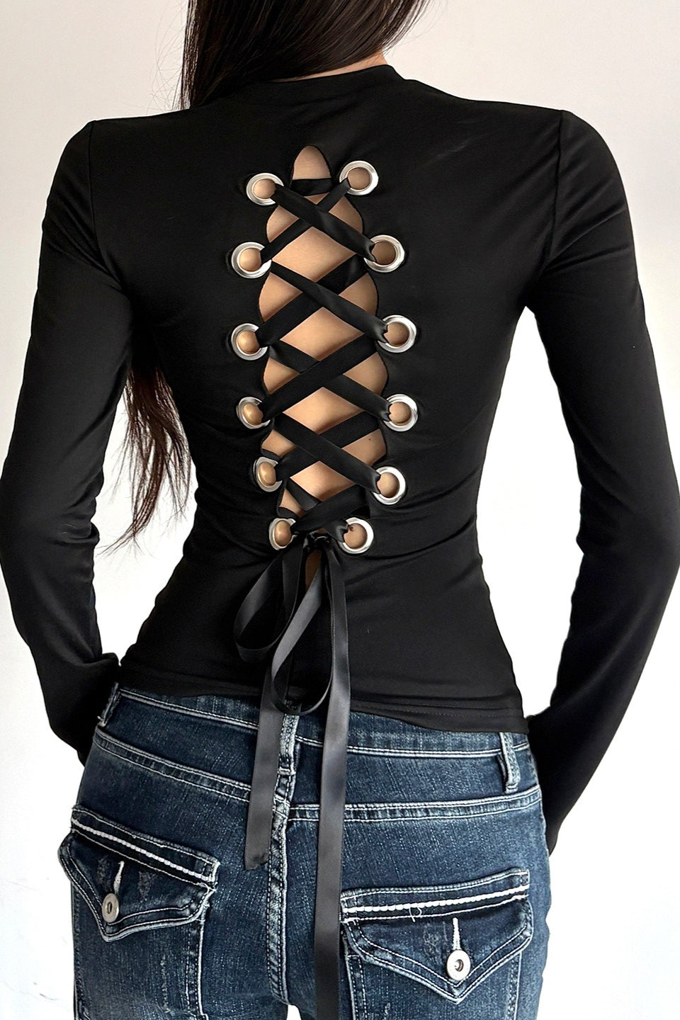 Eyelet Lace Up Back Crop Tops