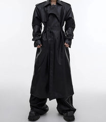 Waterproof Belted Leather Long Coat