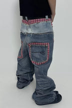 Plaid Double Waist Denim Pants