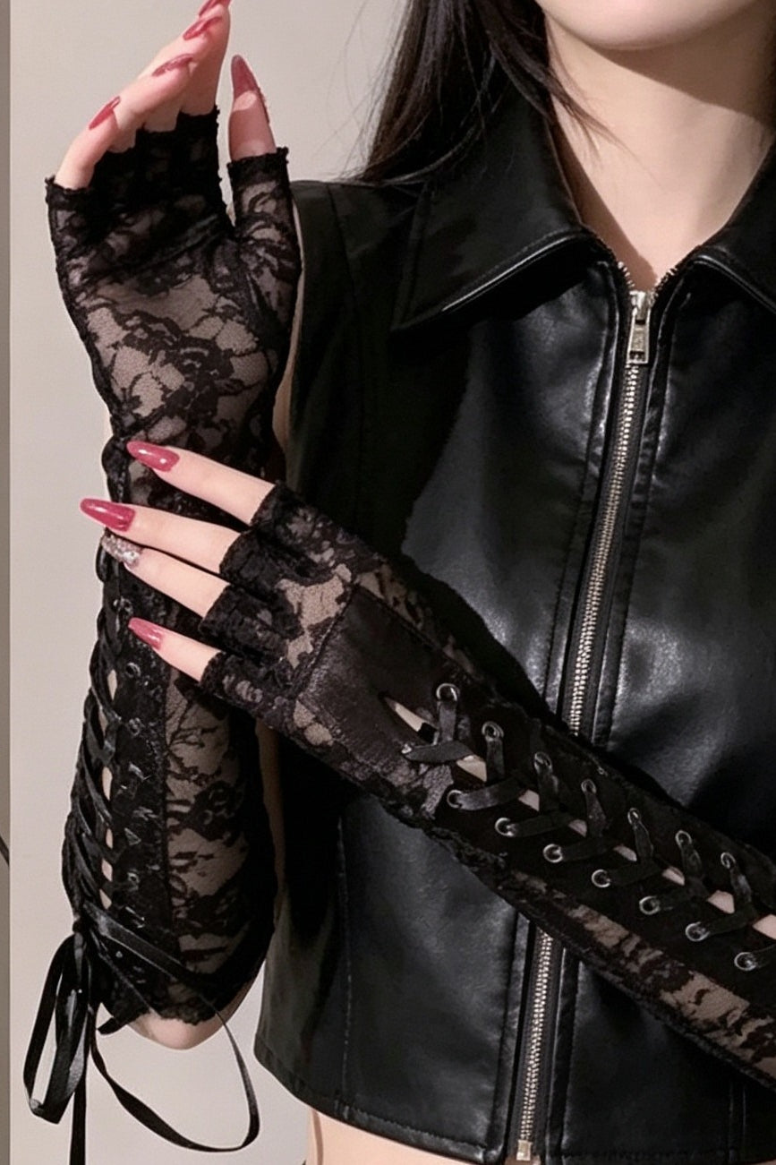 Lace Up Floral Fingerless Gloves