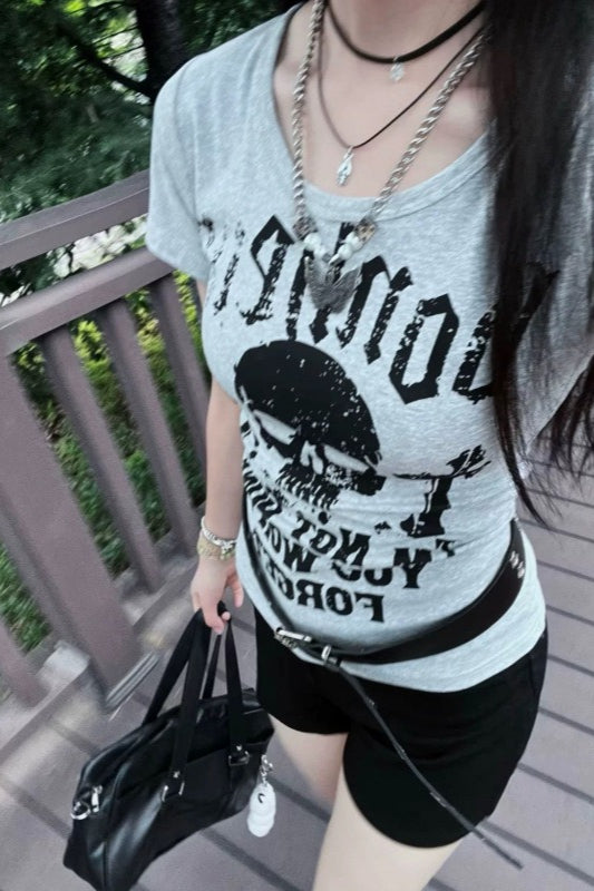 Y2K Punk Skull Print Slim Short Sleeve T-shirt Secondary image