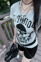 Y2K Punk Skull Print Slim Short Sleeve T-shirt