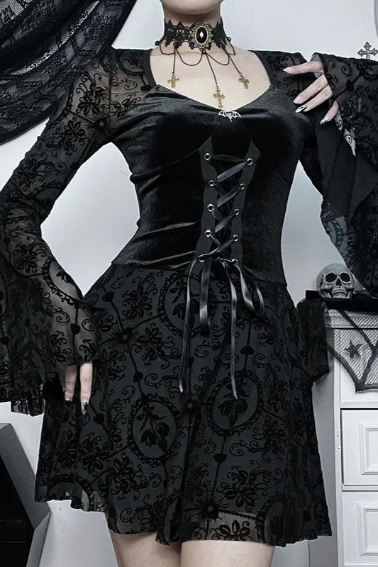 Dark Velvet Gothic Flare Sleeve Bandage Vintage Mini Dress Secondary image