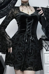 Dark Velvet Gothic Flare Sleeve Bandage Vintage Mini Dress