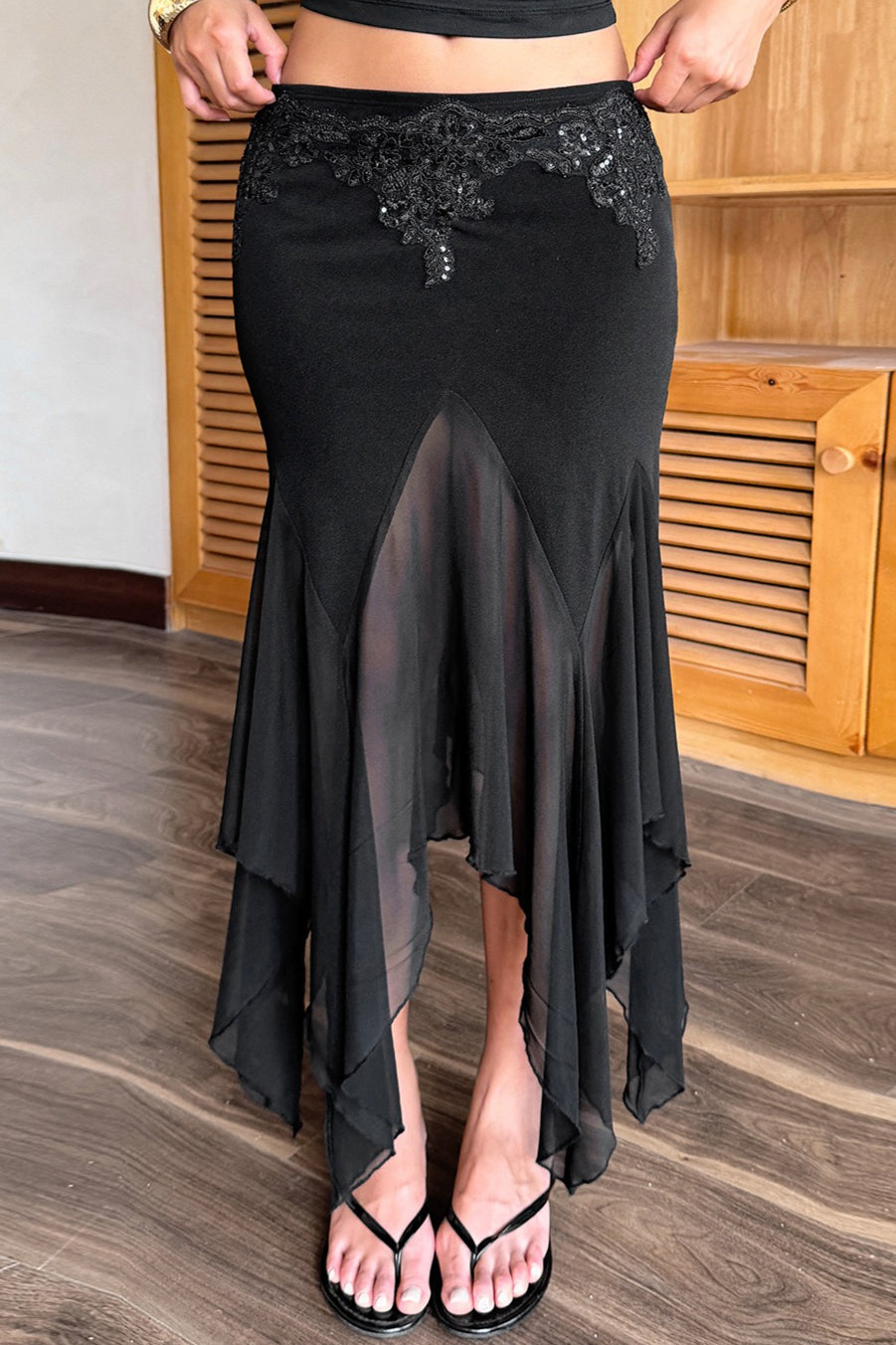 Ornate Detail Asymmetric Mesh Skirts