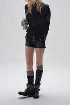 Mock Neck Raw-edge Print Studded Thumbhole Slim Punk Knit Top