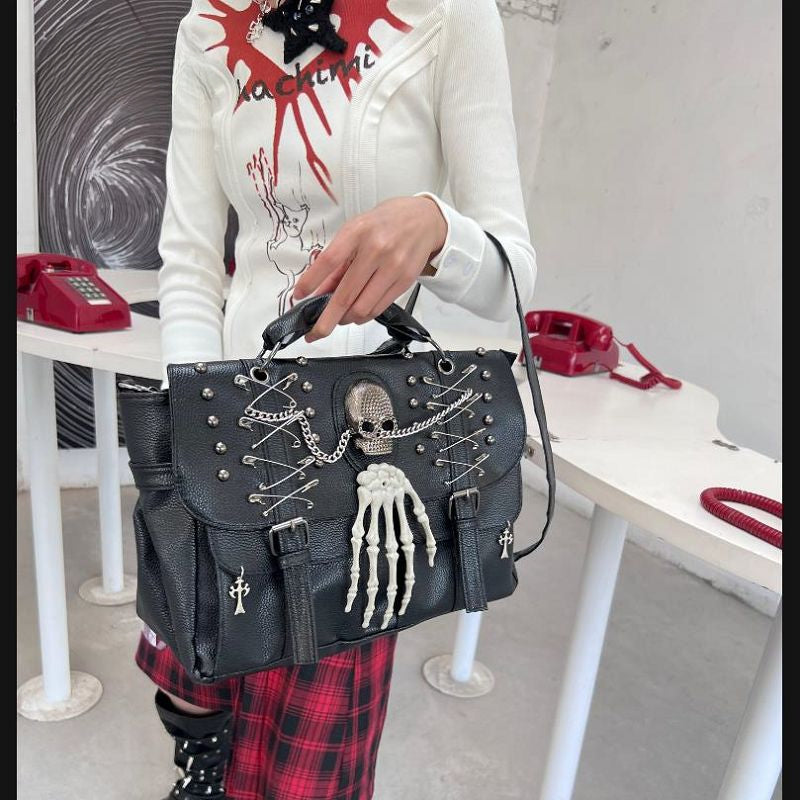 Gothic Lolita Harajuku Punk One Shoulder Y2K Rivet Chain Skull Bag Halloween