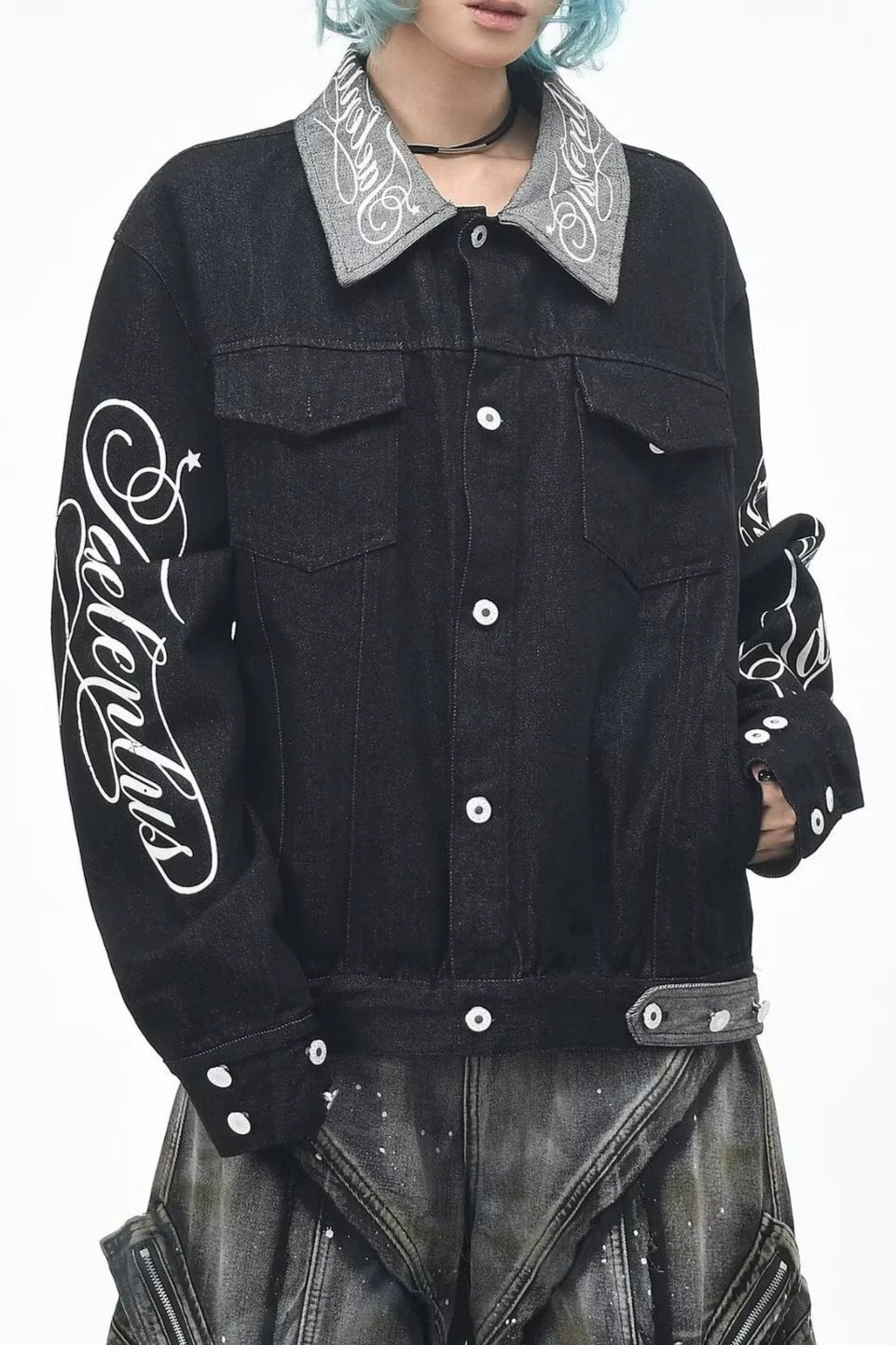 Script Print Boxy Denim Jacket