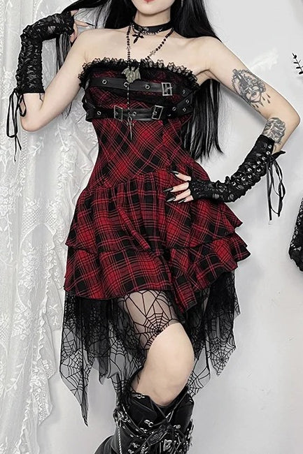 Dark Gothic Red Plaid Strapless Bag Hip Mini Dress Secondary image