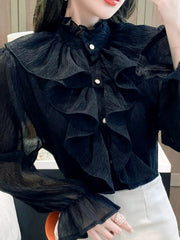 Ruffled Flare Sleeve Mesh Blouse