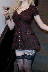 Goth Dark Plaid Short Sleeve Mini Dress
