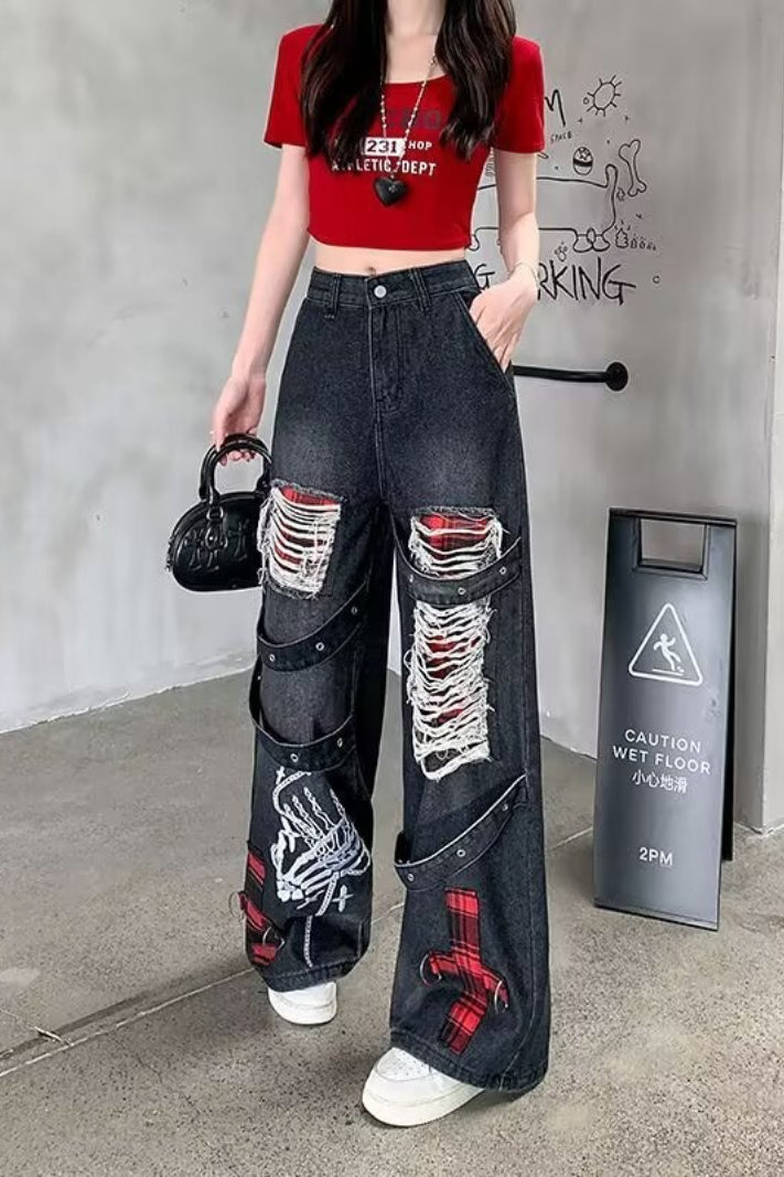 Distressed Graphic Wide Leg Jeans