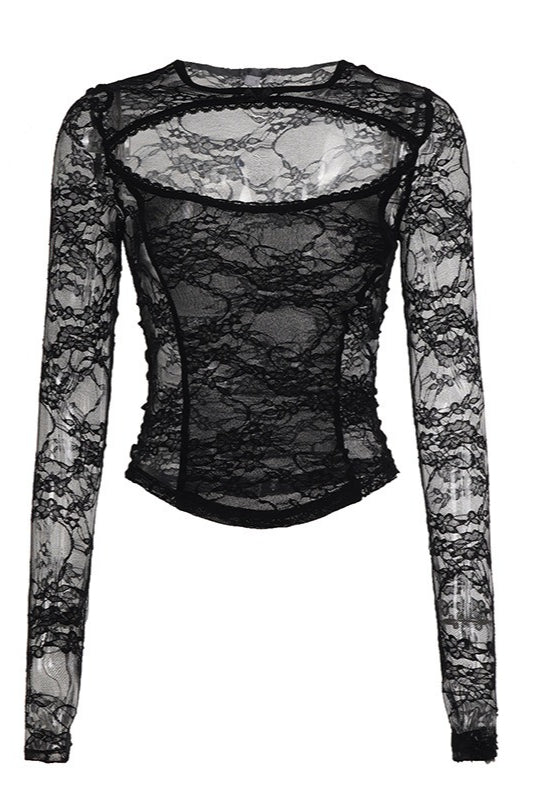 Lace Cutout Long Sleeve Crop Tops