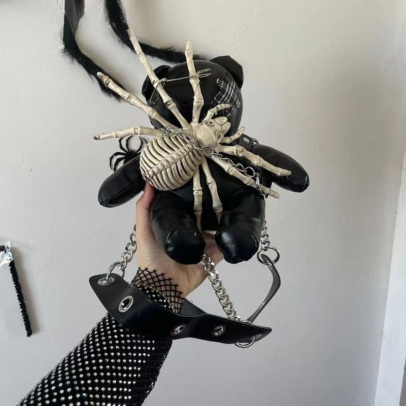 Harajuku Leather Punk Y2K Spider Bone Little Bear Pin Gothic Lolita Crossbody Bag Halloween