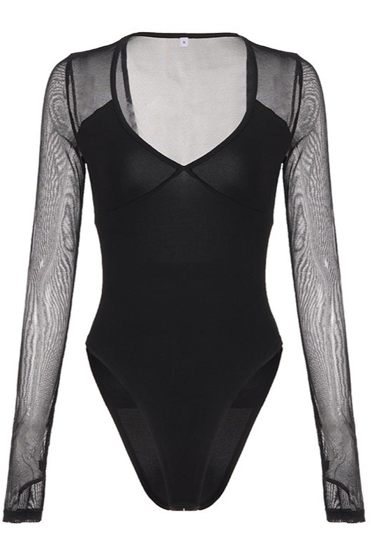 Sheer Sleeve Deep V Neck Bodysuit