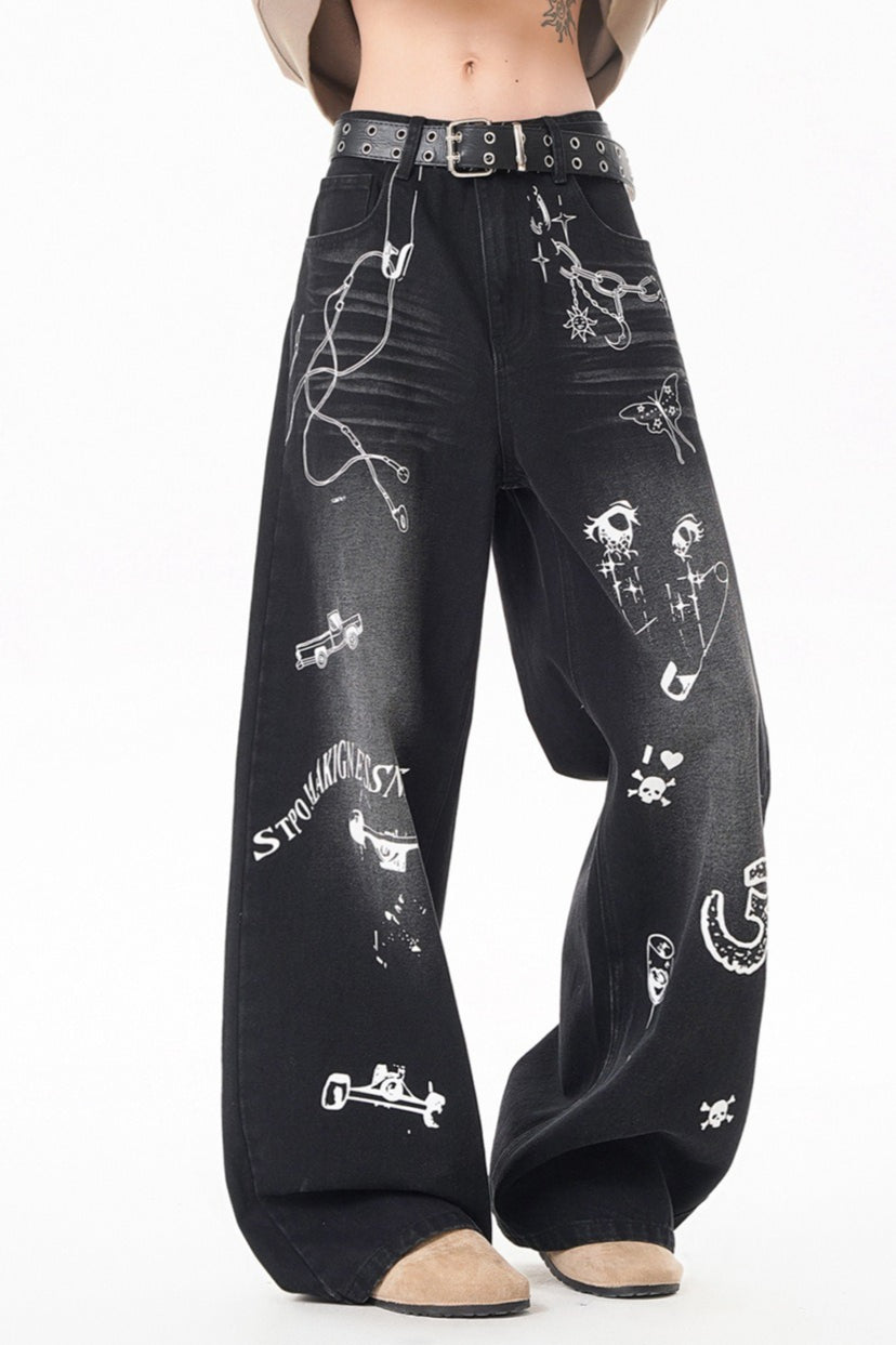 Graffiti Print Wide Leg Pants