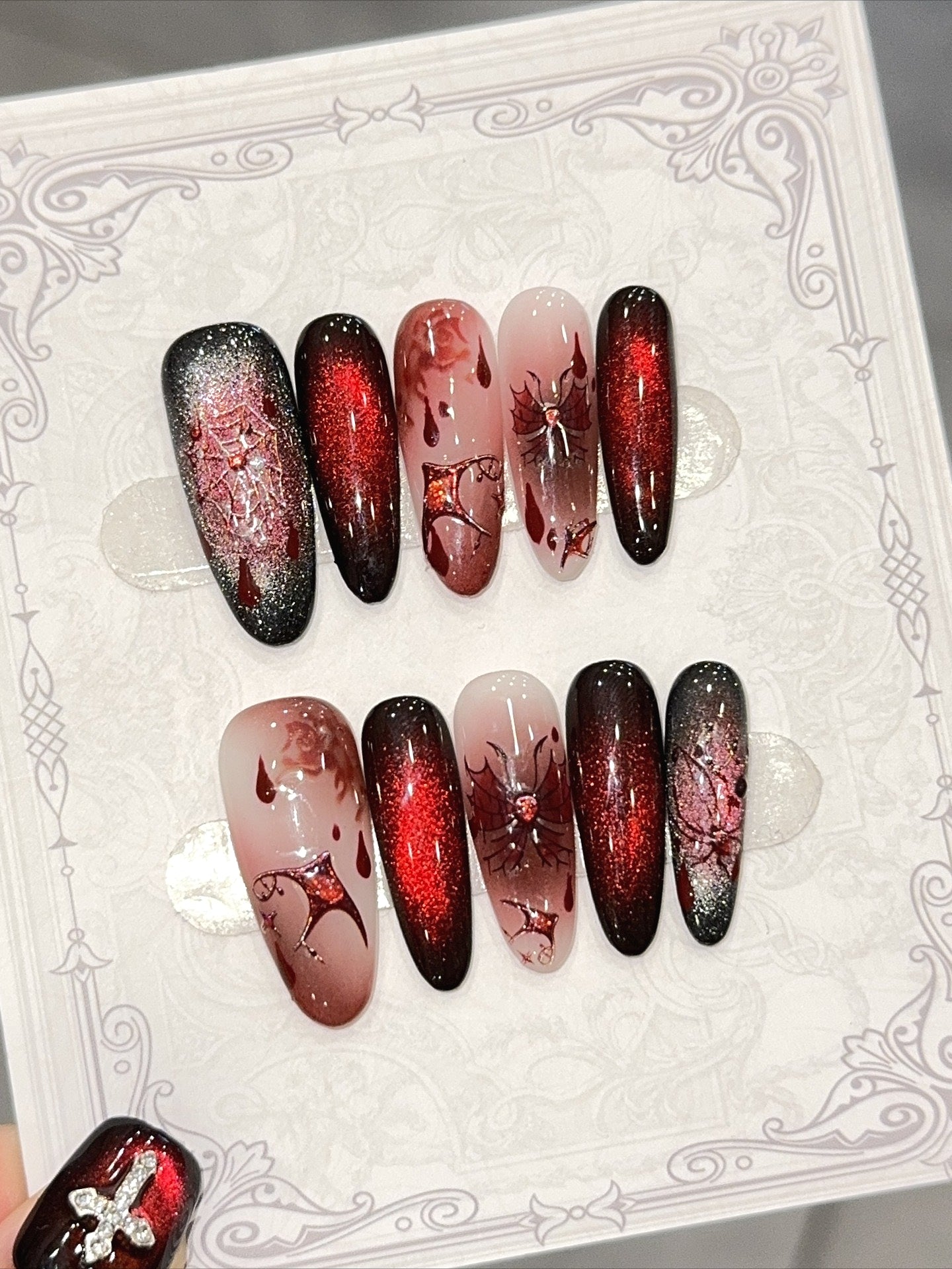 Dark Blood Red Spider Web Press On Nails Secondary image
