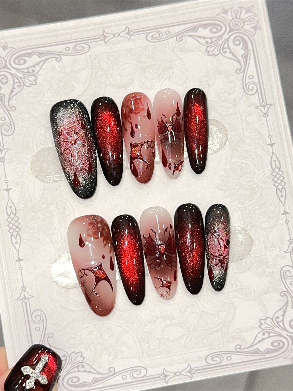 Dark Blood Red Spider Web Press On Nails