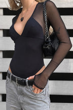 Sheer Sleeve Deep V Neck Bodysuit
