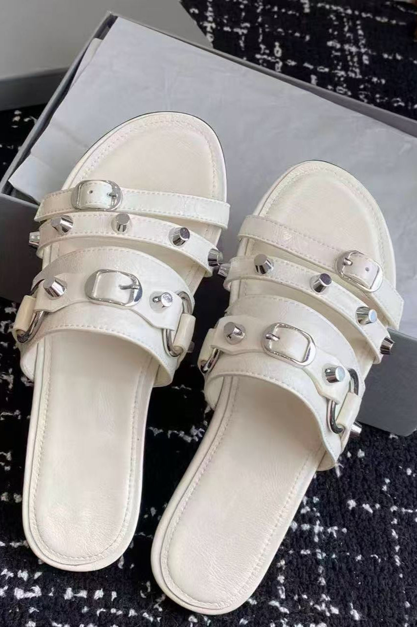 Multi-Buckle Studded Flat Slides