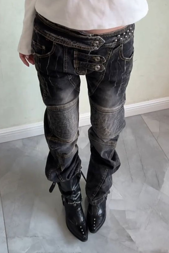 Layered Panel Washed Straight Leg Jeans