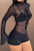 Sheer Cross Flared Sleeve Crop Tops