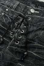 Lace Up Double Waist Distressed Jeans