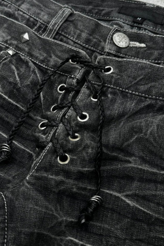 Lace Up Double Waist Distressed Jeans