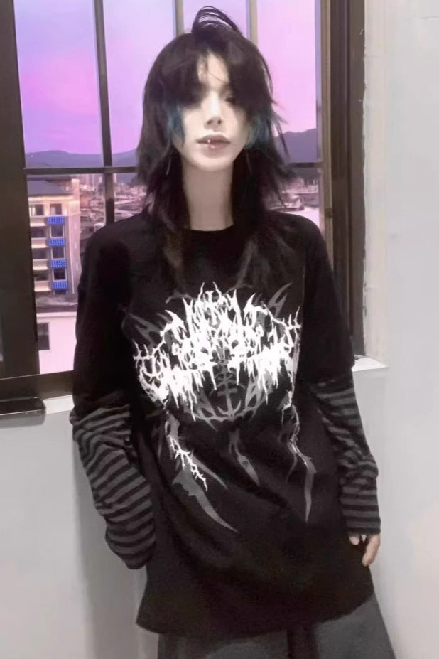Y2K Dark Grunge Rock Printed Layered Versatile T-shirt Main image