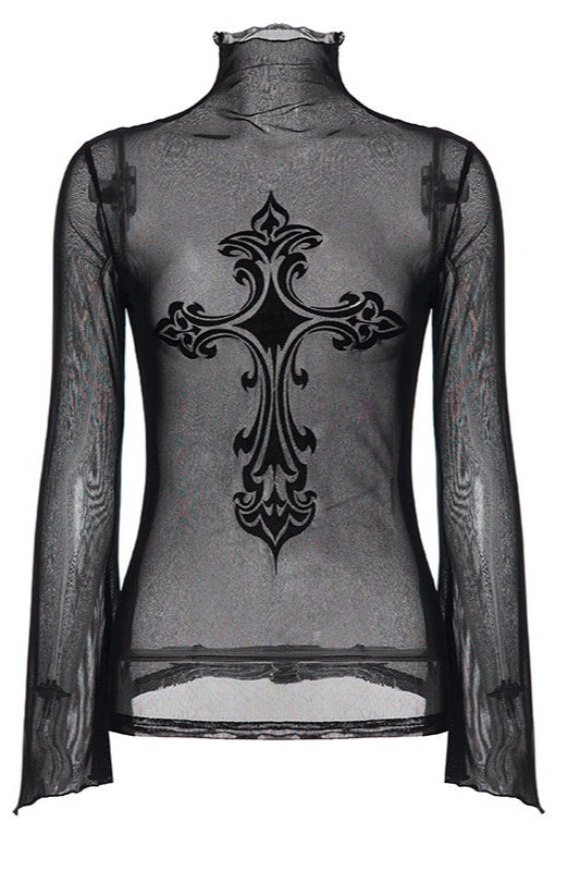 Sheer Cross Flared Sleeve Crop Tops