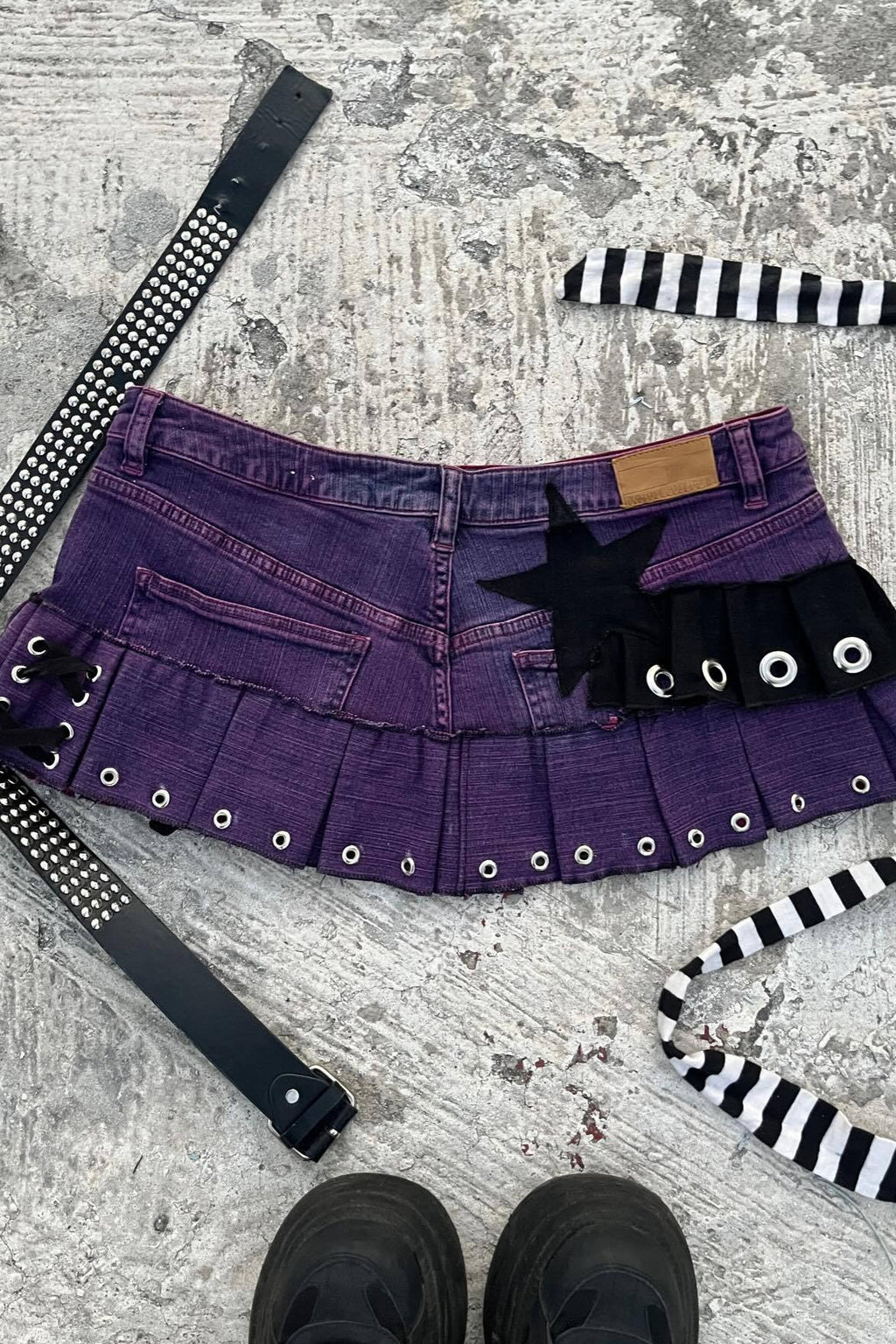Purple Studded Lace-Up Denim Mini Skirt